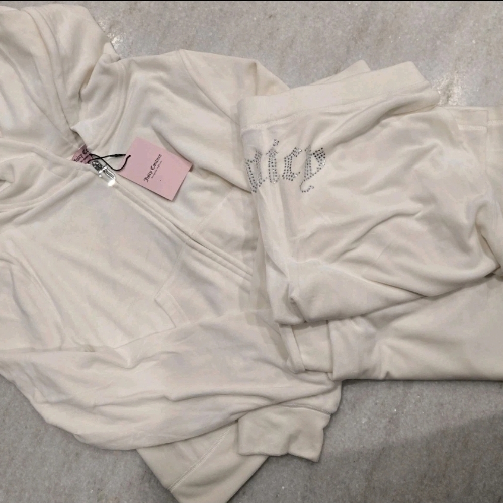 NEW NWT JUICY COUTURE Velour OG Bling Tracksuit Hoodie Pant Set Oyster Size L